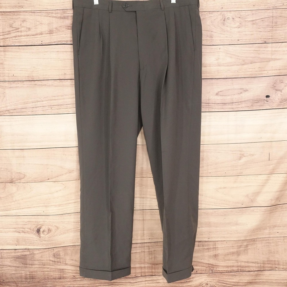 Haggar Black Label Dress Pants Mens 38x30 Gray Pleated Cuffed Wrinkle Free